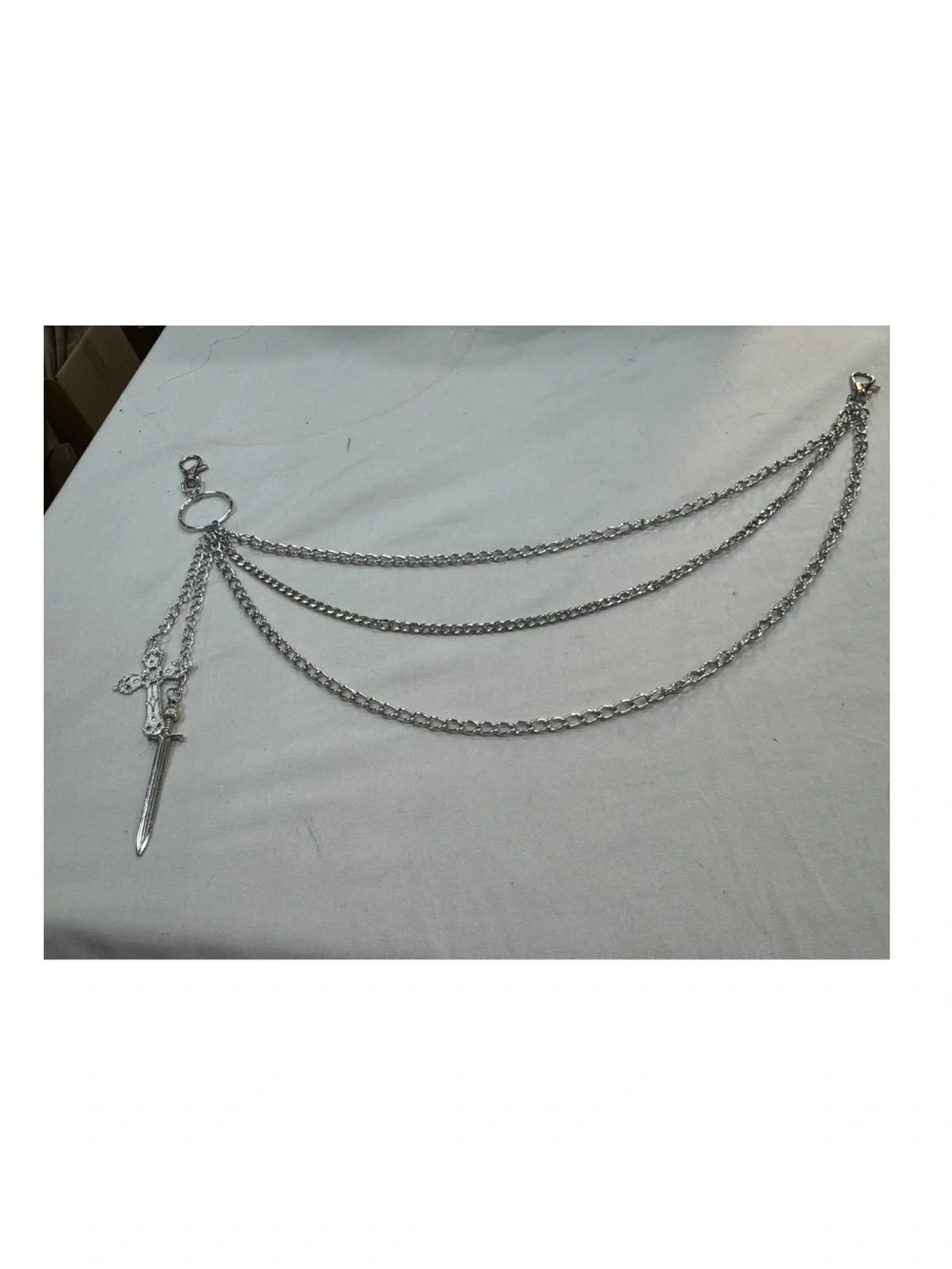 Silver Multi-Layer Chain with Sword & Cross Charms 19”